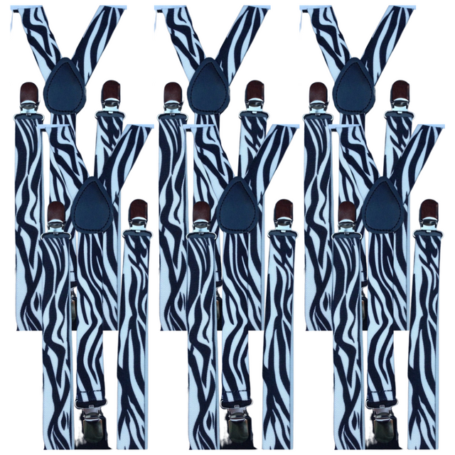6x Mens Suspenders Braces Adjustable Strong Clip On Elastic Formal Wedding BULK - Zebra