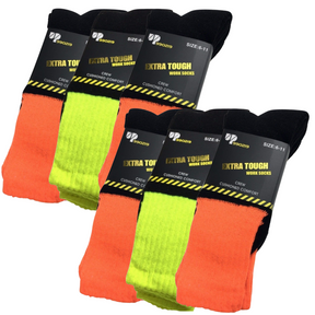 6x Pairs Yellow & Orange HI VIS SOCKS Bulk Pack - High Visibility Fluro Safety Tradie Workwear
