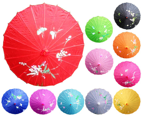 6x Assorted Colours Parasol Umbrellas Bulk - Asian Bamboo Flower Pattern (80cm)