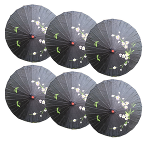 6x Black Parasol Umbrellas Bulk Pack - Asian Bamboo Flower Pattern (80cm)