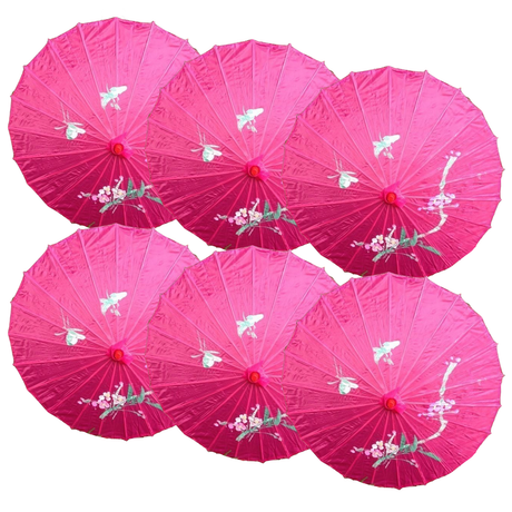 6x Hot Pink Parasol Umbrellas Bulk - Asian Bamboo Flower Pattern (80cm)