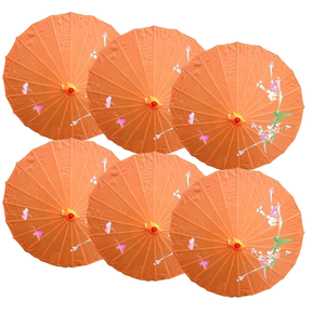 6x Orange Parasol Umbrellas Bulk - Asian Bamboo Flower Pattern (80cm)