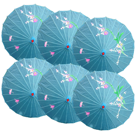 6x Sky Blue Parasol Umbrellas Bulk - Asian Bamboo Flower Pattern (80cm)