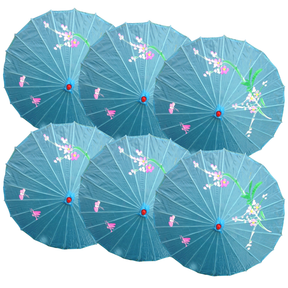 6x Sky Blue Parasol Umbrellas Bulk Pack - Asian Bamboo Flower Pattern (80cm)