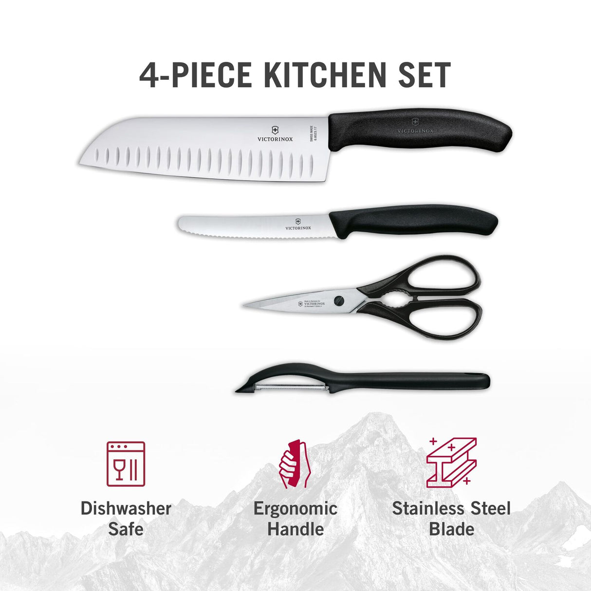 Victorinox Swiss Classic Kitchen Set 4 Piece Knife Knives Set in Black