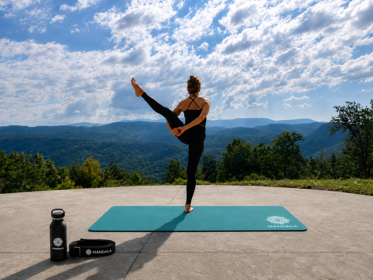 Mandala Premium Yoga Mat Set - Teal (5mm Vegan Suede Mat, Adjustable Strap & Stainless Steel Water Bottle)