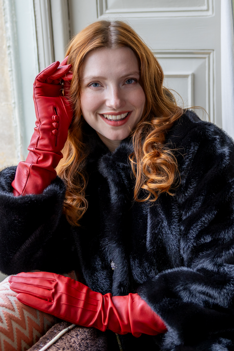 Dents Women's Three-Point Long Opera Leather Gloves in Berry