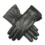 Dents Womens Touchscreen Water-Resistant Fur-Lined Leather Gloves w/ Buttons - Black