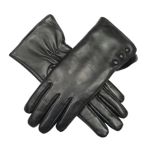 Dents Womens Touchscreen Water-Resistant Fur-Lined Leather Gloves w/ Buttons - Black