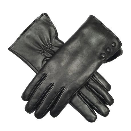Dents Womens Touchscreen Water-Resistant Fur-Lined Leather Gloves w/ Buttons - Black