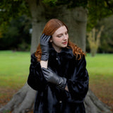 Dents Womens Touchscreen Water-Resistant Fur-Lined Leather Gloves w/ Buttons - Black