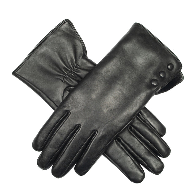 Dents Womens Touchscreen Water-Resistant Fur-Lined Leather Gloves w/ Buttons - Black