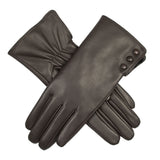 Dents Womens Touchscreen Water-Resistant Fur-Lined Leather Gloves w/ Buttons - Mocca