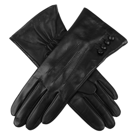 Dents Women's Touchscreen 3 Point Silk-Lined Leather Gloves with Buttons - Black