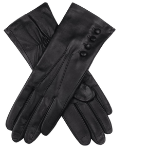 Dents Women's Touchscreen 3 Point Silk-Lined Leather Gloves with Buttons - Black