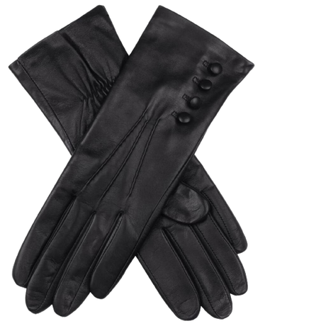 Dents Women's Touchscreen 3 Point Silk-Lined Leather Gloves with Buttons - Black - 8