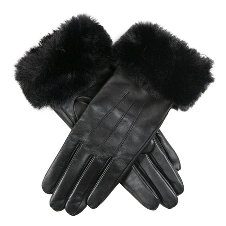 Dents Womens Touchscreen Three-Point Lined Leather Gloves w/ Faux Fur Cuffs - Black