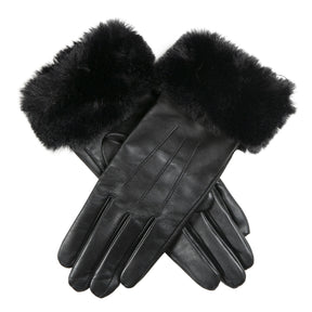 Dents Womens Touchscreen Three-Point Lined Leather Gloves w/ Faux Fur Cuffs - Black
