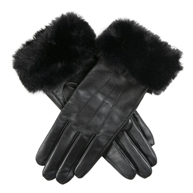 Dents Womens Touchscreen Three-Point Lined Leather Gloves w/ Faux Fur Cuffs - Black