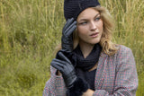 Dents Womens Touchscreen Three-Point Lined Leather Gloves w/ Faux Fur Cuffs - Black