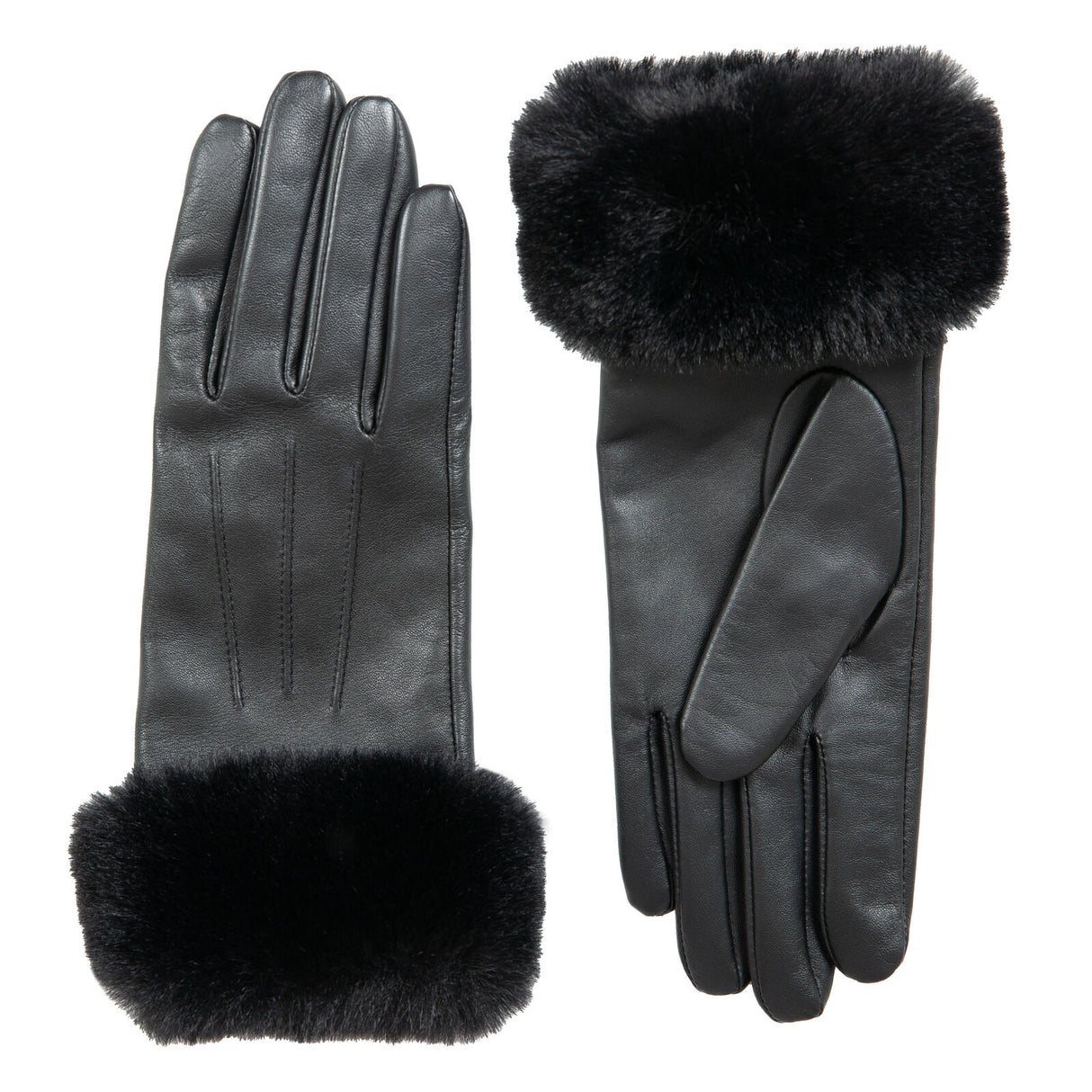 Dents Womens Touchscreen Three-Point Lined Leather Gloves w/ Faux Fur Cuffs - Black