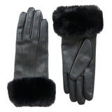 Dents Womens Touchscreen Three-Point Lined Leather Gloves w/ Faux Fur Cuffs - Black