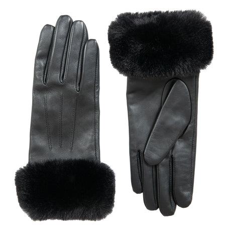 Dents Womens Touchscreen Three-Point Lined Leather Gloves w/ Faux Fur Cuffs - Black
