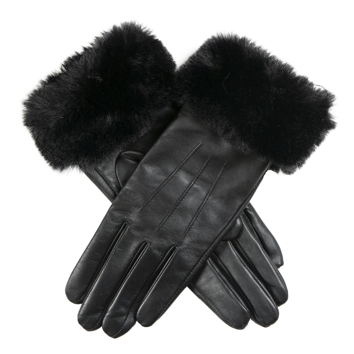Dents Womens Touchscreen Three-Point Lined Leather Gloves w/ Faux Fur Cuffs - Black