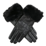 Dents Womens Touchscreen Three-Point Lined Leather Gloves w/ Faux Fur Cuffs - Black