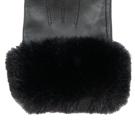 Dents Womens Touchscreen Three-Point Lined Leather Gloves w/ Faux Fur Cuffs - Black