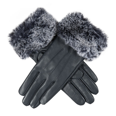 Dents Womens Touchscreen Three-Point Lined Leather Gloves w/ Faux Fur Cuffs - Navy Blue