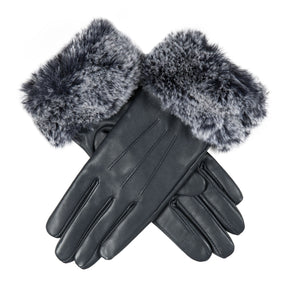 Dents Womens Touchscreen Three-Point Lined Leather Gloves with Faux Fur Cuffs In Navy