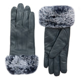 Dents Womens Touchscreen Three-Point Lined Leather Gloves with Faux Fur Cuffs In Navy