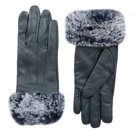 Dents Womens Touchscreen Three-Point Lined Leather Gloves w/ Faux Fur Cuffs - Navy Blue
