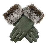 Dents Women’s Touchscreen Three-Point Lined Leather Gloves with Faux Fur Cuffs in Sage