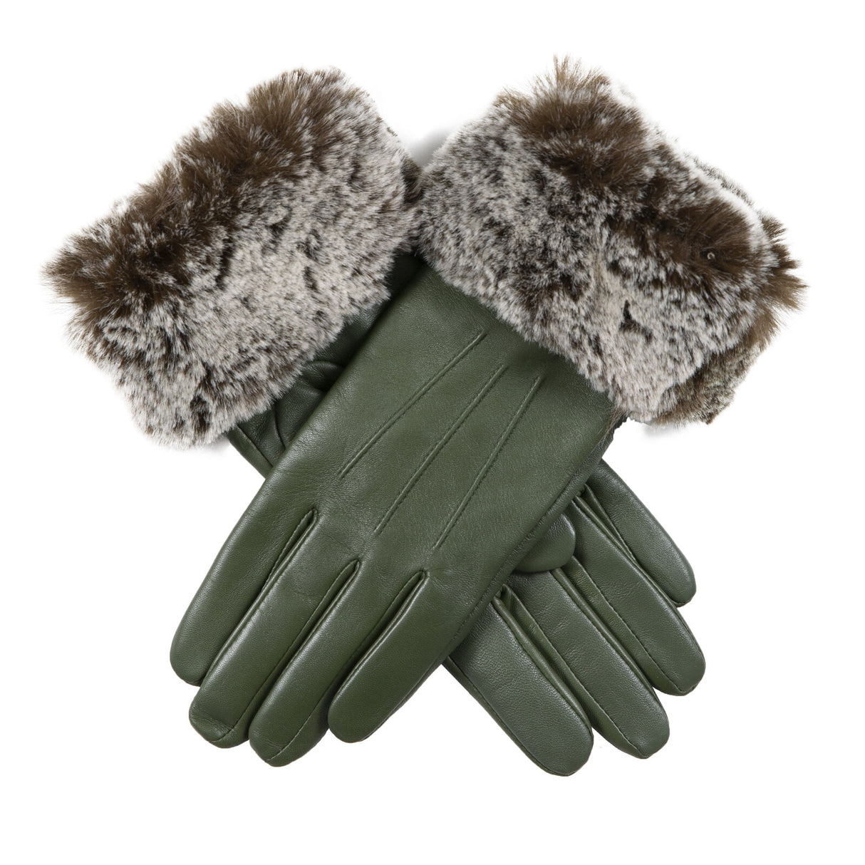 Dents Women’s Touchscreen Three-Point Lined Leather Gloves with Faux Fur Cuffs in Sage