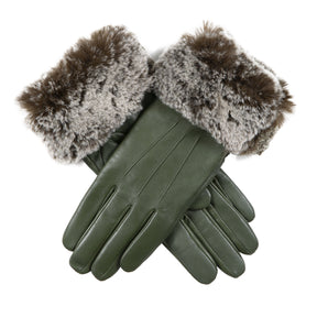 Dents Women’s Touchscreen Three-Point Lined Leather Gloves with Faux Fur Cuffs in Sage