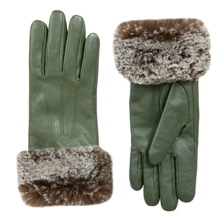 Dents Womens Touchscreen Three-Point Lined Leather Gloves w/ Faux Fur Cuffs - Sage