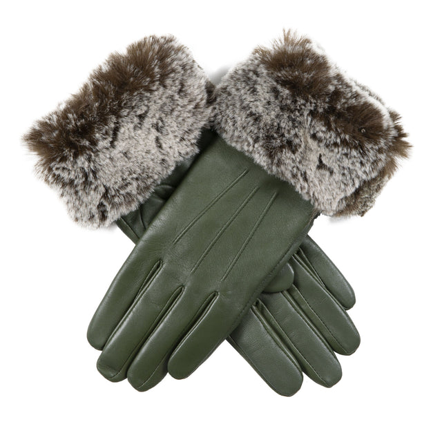Dents Women’s Touchscreen Three-Point Lined Leather Gloves with Faux Fur Cuffs in Sage