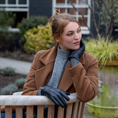 Dents Women’s Three-Point Wool Blend-Lined Leather Gloves with Knitted Cuffs
