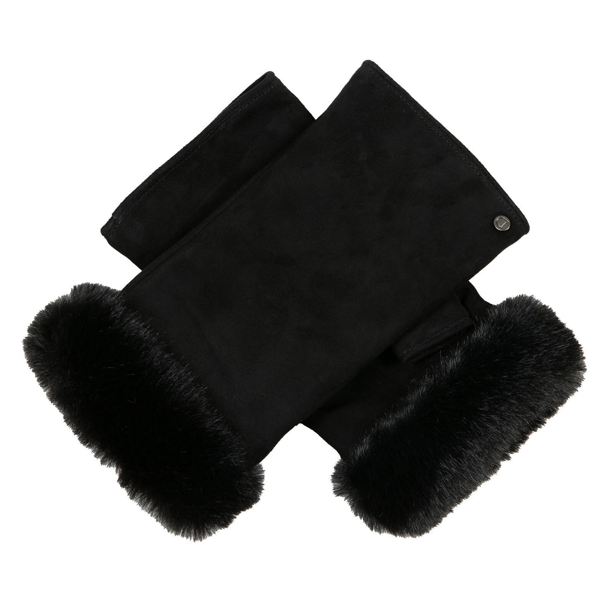 Dents Womens Fingerless Faux Fur-Lined Suede Mitten Gloves w/ Faux Fur Trim in Black