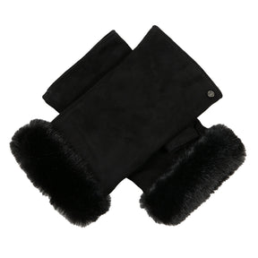 Dents Womens Fingerless Faux Fur-Lined Suede Mitten Gloves w/ Faux Fur Trim in Black