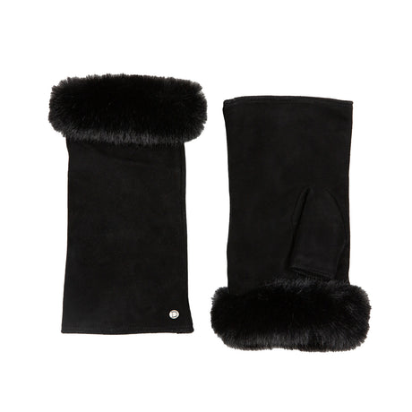 Dents Womens Fingerless Faux Fur-Lined Suede Mitten Gloves w/ Faux Fur Trim in Black