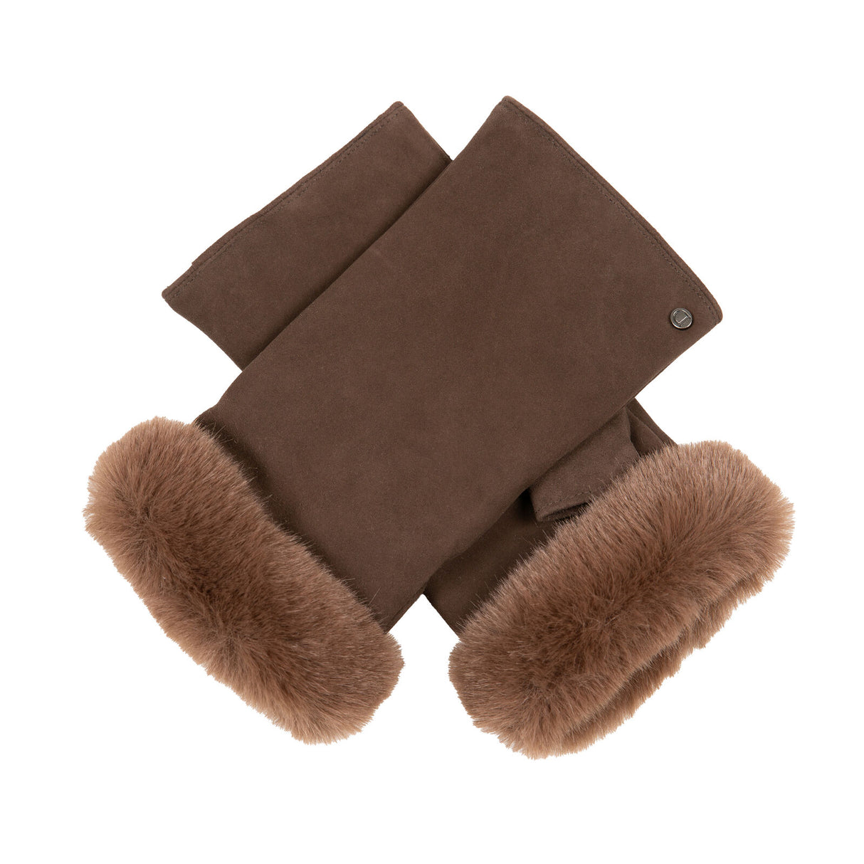 Dents Womens Fingerless Faux Fur-Lined Suede Mitten Gloves w/ Faux Fur Trim in Mocca