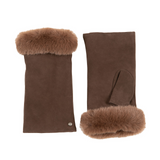 Dents Womens Fingerless Faux Fur-Lined Suede Mitten Gloves w/ Faux Fur Trim in Mocca