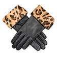 Dents Women’s Lined Leather Gloves with Ponyskin Leopard Print Cuffs - Black