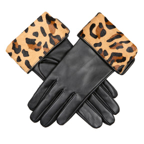Dents Women’s Lined Leather Gloves with Ponyskin Leopard Print Cuffs - Black