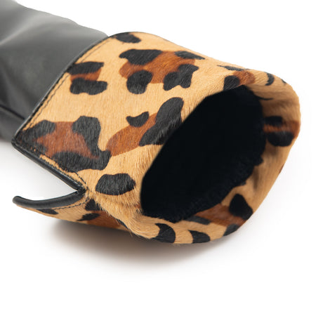 Dents Women’s Lined Leather Gloves with Ponyskin Leopard Print Cuffs - Black
