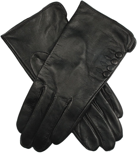 Dents Womens Leather Gloves With Button Detail Piped Cuff And Silk Feel Lining - Black/Berry