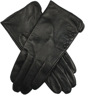 Dents Womens Leather Gloves With Button Detail Piped Cuff And Silk Feel Lining - Black